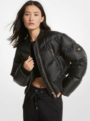 michael kors quilted satin bomber jacket|Michael Kors leather biker jacket.